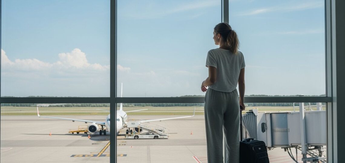 Młoda kobieta czeka z walizką przy oknie lotniska, za oknem samolot przygotowujący się do boardingowania