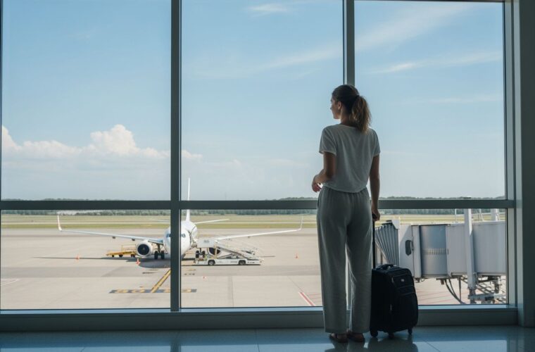 Młoda kobieta czeka z walizką przy oknie lotniska, za oknem samolot przygotowujący się do boardingowania
