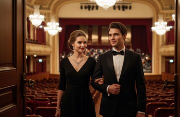 Młoda para w eleganckich strojach wchodzi do sali symfonicznej z luksusowym wnętrzem i widokiem na scenę orkiestry.