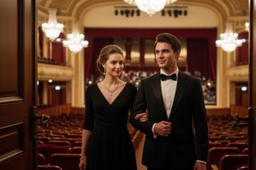 Młoda para w eleganckich strojach wchodzi do sali symfonicznej z luksusowym wnętrzem i widokiem na scenę orkiestry.