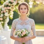 Kobieta w sukni druhny z koronką trzyma bukiet na tle kwiatów w plenerze ślubnym o ciepłym świetle