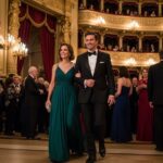 Elegancko ubrana para wchodzi do opery, tło z czerwonymi zasłonami i złotymi żyrandolami, tłum w strojach wieczorowych.
