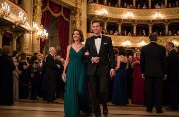 Elegancko ubrana para wchodzi do opery, tło z czerwonymi zasłonami i złotymi żyrandolami, tłum w strojach wieczorowych.