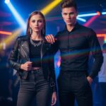 Stylowa para w klubie, ona w czarnej skórzanej kurtce, on w ciemnej koszuli, kolorowe światła neonów.