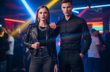 Stylowa para w klubie, ona w czarnej skórzanej kurtce, on w ciemnej koszuli, kolorowe światła neonów.