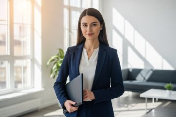 Młoda kobieta w garniturze przygotowująca się do rozmowy o pracę w nowoczesnym biurze.