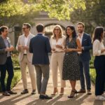 Grupa dorosłych na spotkaniu klasowym na zewnątrz w strojach smart casual, rozmawiających i uśmiechniętych.