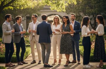 Grupa dorosłych na spotkaniu klasowym na zewnątrz w strojach smart casual, rozmawiających i uśmiechniętych.