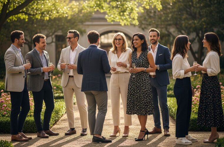 Grupa dorosłych na spotkaniu klasowym na zewnątrz w strojach smart casual, rozmawiających i uśmiechniętych.
