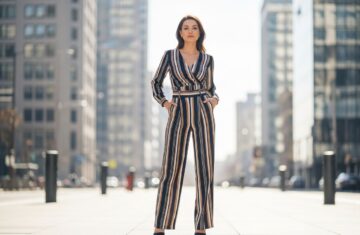 Kobieta w eleganckim, pionowo prążkowanym ubraniu na tle nowoczesnego, rozmytego miasta.