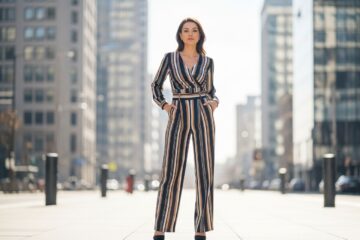 Kobieta w eleganckim, pionowo prążkowanym ubraniu na tle nowoczesnego, rozmytego miasta.