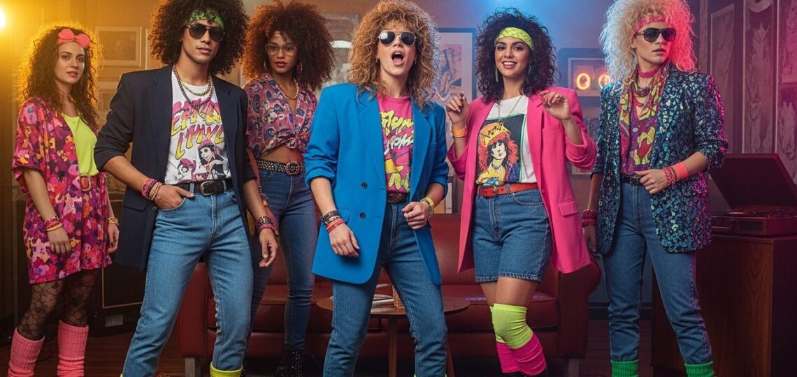 Ludzie na imprezie w stylu lat 80. w kolorowych ubraniach, z nietypowymi fryzurami i dekoracjami retro.