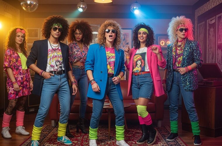 Ludzie na imprezie w stylu lat 80. w kolorowych ubraniach, z nietypowymi fryzurami i dekoracjami retro.