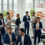Grupa osób w biurze przy dużych oknach, rozmawiających w smart casual i formalnych ubraniach
