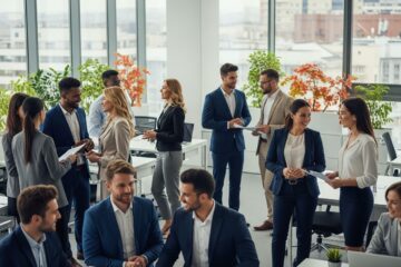 Grupa osób w biurze przy dużych oknach, rozmawiających w smart casual i formalnych ubraniach