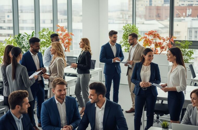Grupa osób w biurze przy dużych oknach, rozmawiających w smart casual i formalnych ubraniach