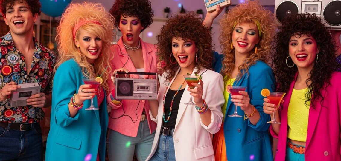 Młodzi ludzie na imprezie w stylu lat 80., ubrani w neonowe stroje, z kasetowymi magnetofonami i drinkami.
