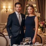 Elegancko ubrani mężczyzna i kobieta stoją w stylowej jadalni przy stole na uroczystą kolację.
