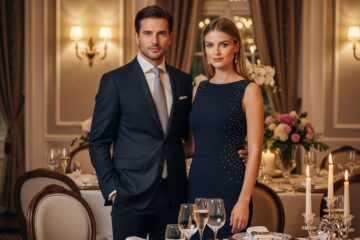 Elegancko ubrani mężczyzna i kobieta stoją w stylowej jadalni przy stole na uroczystą kolację.