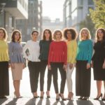 Grupa kobiet o różnych sylwetkach w modnych bluzkach peplum na miejskiej ulicy w naturalnym świetle