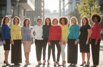 Grupa kobiet o różnych sylwetkach w modnych bluzkach peplum na miejskiej ulicy w naturalnym świetle