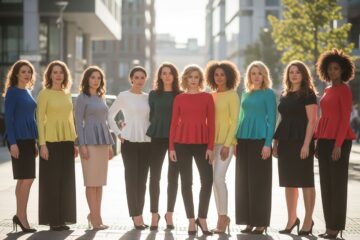 Grupa kobiet o różnych sylwetkach w modnych bluzkach peplum na miejskiej ulicy w naturalnym świetle