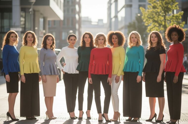 Grupa kobiet o różnych sylwetkach w modnych bluzkach peplum na miejskiej ulicy w naturalnym świetle