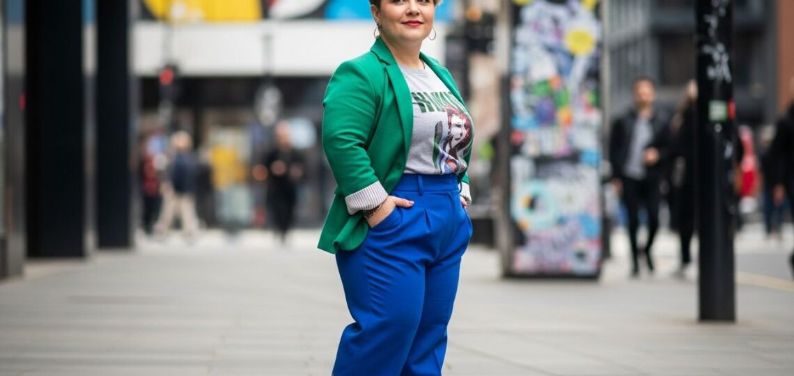 Pewna siebie kobieta plus size w modnym stroju stoi na ulicy miejskiej w jasnym świetle