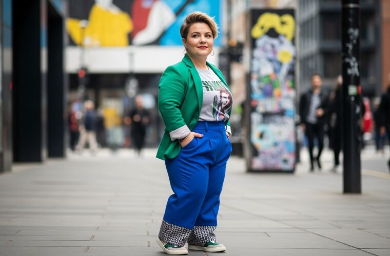 Pewna siebie kobieta plus size w modnym stroju stoi na ulicy miejskiej w jasnym świetle