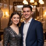 Młoda para w eleganckich strojach na osiemnastce, uśmiechnięci w przytulnym, świątecznym wnętrzu