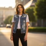 Młoda kobieta w dżinsowej kamizelce i czarnych jeansach na ulicy podczas złotej godziny