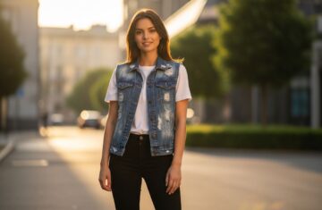Młoda kobieta w dżinsowej kamizelce i czarnych jeansach na ulicy podczas złotej godziny