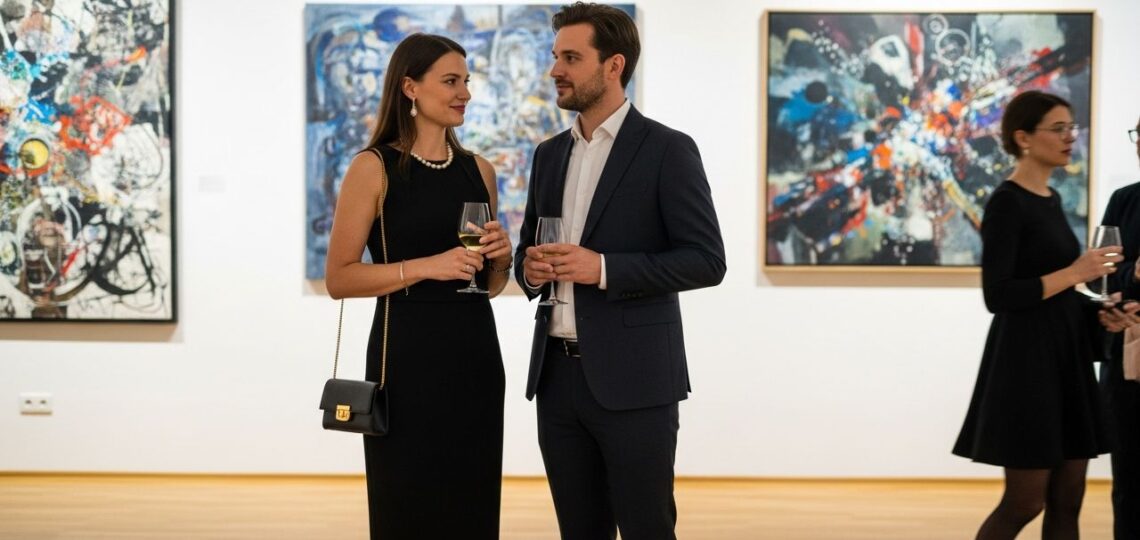 Elegancka para rozmawia podczas wieczornego wernisażu w nowoczesnej galerii sztuki.