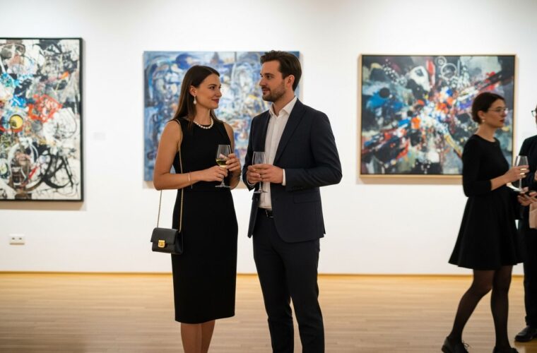 Elegancka para rozmawia podczas wieczornego wernisażu w nowoczesnej galerii sztuki.