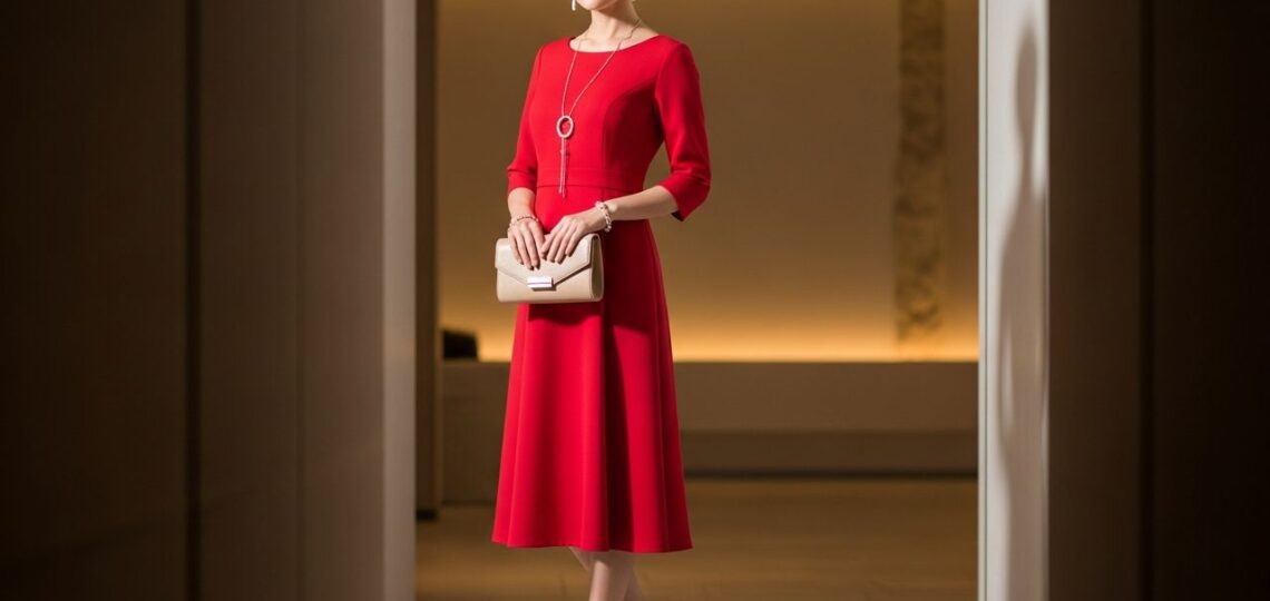 Elegancka kobieta w czerwonej sukni z beżowymi dodatkami stoi w nowoczesnym wnętrzu.