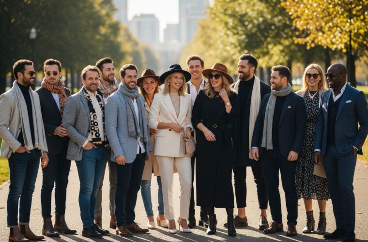 Grupa osób w różnym stylu ubioru na spotkaniu w parku, uśmiechy, naturalne światło, zdjęcie 4x3