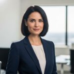 Profesjonalna bizneswoman w granatowej marynarce stoi pewnie w nowoczesnym biurze o minimalistycznym wnętrzu