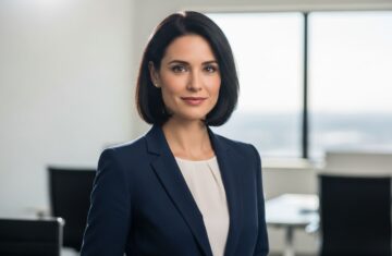 Profesjonalna bizneswoman w granatowej marynarce stoi pewnie w nowoczesnym biurze o minimalistycznym wnętrzu