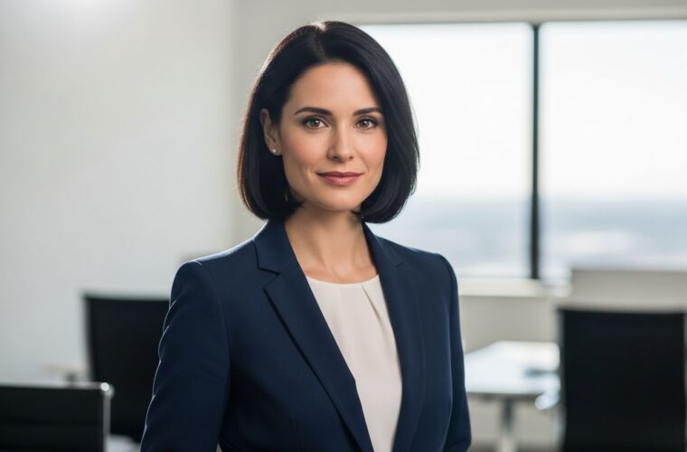 Profesjonalna bizneswoman w granatowej marynarce stoi pewnie w nowoczesnym biurze o minimalistycznym wnętrzu