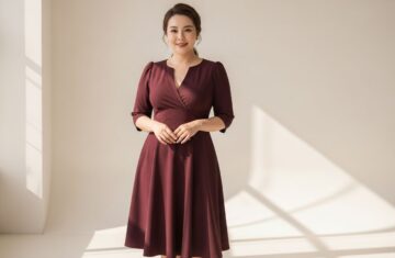 Pewna siebie niska kobieta plus size w sukience z dekoltem w serek pozująca na beżowym tle.