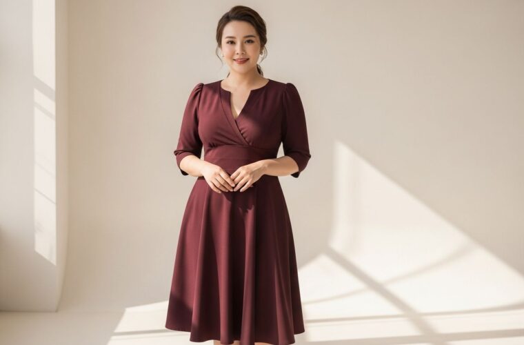 Pewna siebie niska kobieta plus size w sukience z dekoltem w serek pozująca na beżowym tle.