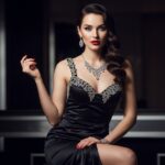 Portret młodej kobiety w eleganckiej sukni wieczorowej z biżuterią i makijażem w stylu Bond girl.