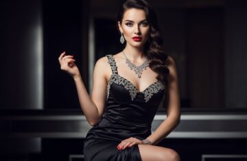 Portret młodej kobiety w eleganckiej sukni wieczorowej z biżuterią i makijażem w stylu Bond girl.
