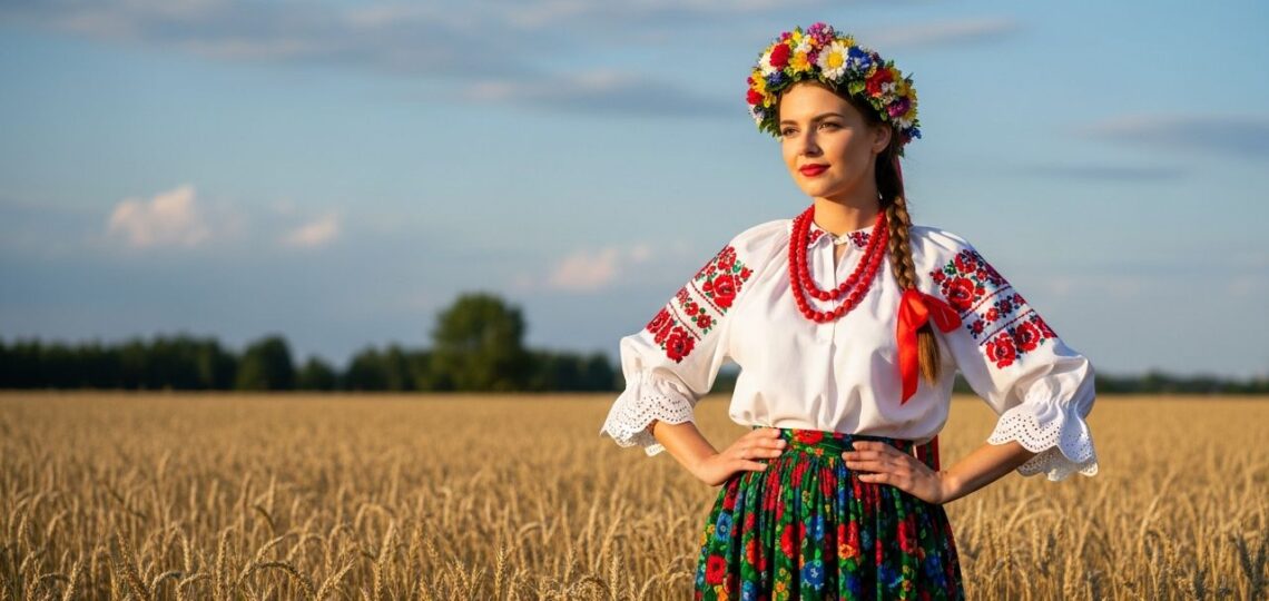 Młoda kobieta w tradycyjnym stroju ludowym stoi na polu pszenicy podczas dożynek.