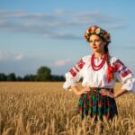 Młoda kobieta w tradycyjnym stroju ludowym stoi na polu pszenicy podczas dożynek.