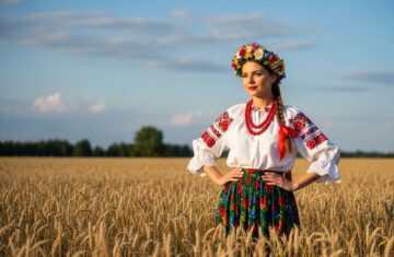 Młoda kobieta w tradycyjnym stroju ludowym stoi na polu pszenicy podczas dożynek.