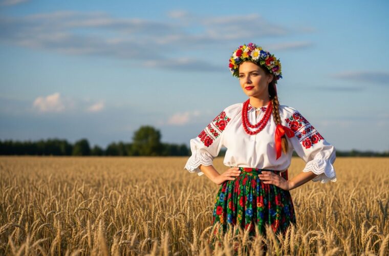 Młoda kobieta w tradycyjnym stroju ludowym stoi na polu pszenicy podczas dożynek.