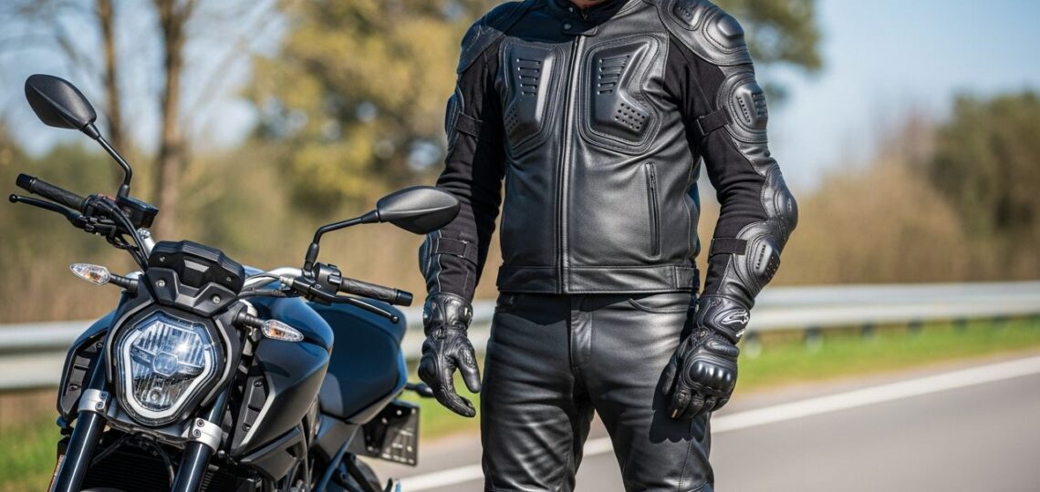 Motocyklista w pełnym sprzęcie ochronnym stoi przy nowoczesnym motocyklu na otwartej drodze.