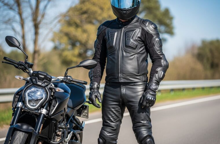 Motocyklista w pełnym sprzęcie ochronnym stoi przy nowoczesnym motocyklu na otwartej drodze.