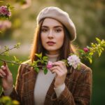 Młoda kobieta w berecie na tle wiosennych kwiatów i zieleni w naturalnym świetle outdoors